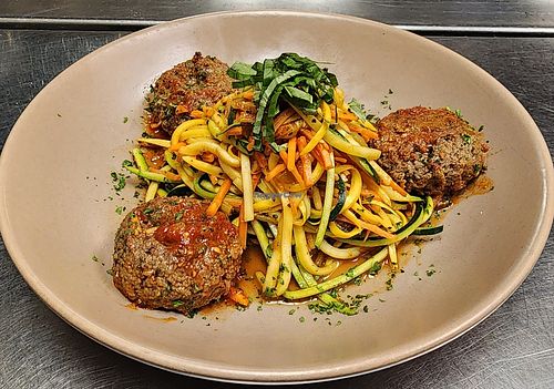 Impossible meatballs with squash/carrot zoodles. at Bottled in Bond in Frisco