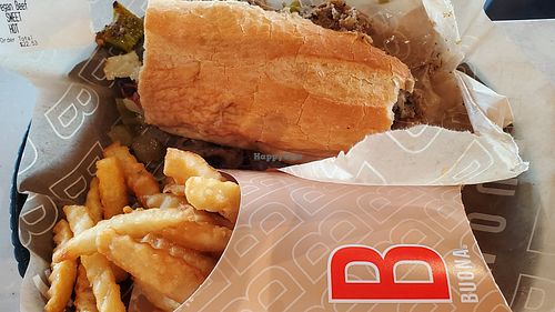 Vegan Beef (- a few bites) w/hot giardiniera, sweet peppers & fries at Buona in Schererville