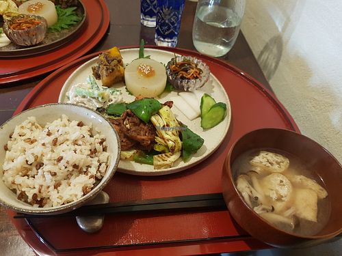 Miso soup, rice and variety of veggies. at Salloga in Sapporo