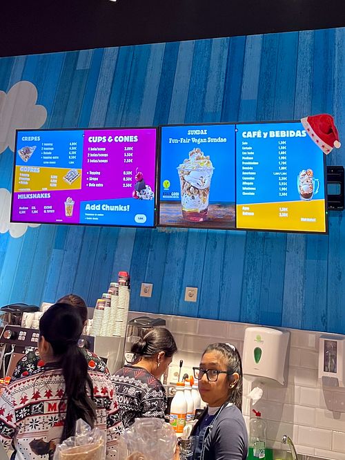 Fun-Fair Vegan Sundae advert on menu screen at Ben & Jerry's in Oviedo
