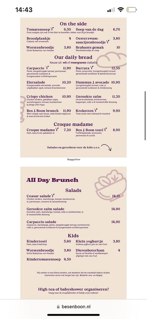 Brunch menu  at Bes & Boon in Eindhoven