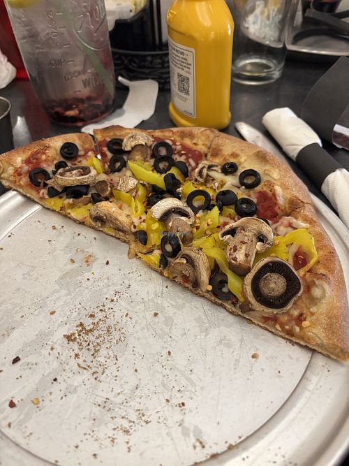 Mushrooms, olives, banana peppers, and vegan cheese!   at Red Lodge Pizza Co in Red Lodge