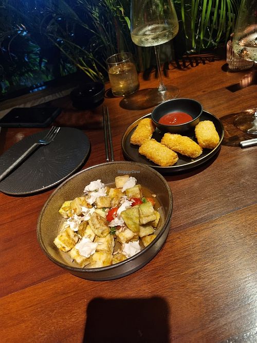 Amazing tofu bites with eggplant salad, with vegan cashew cheese at DAO Sushi in Koh Samui