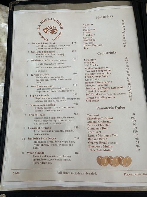 Menu. Avocado toast can be made vegan.  at La Boulangerie in Cancun