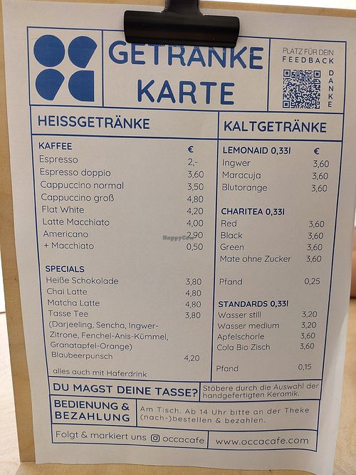 Drink menu, oat milk doesn't cost extra at Occa Café in Eichstaett