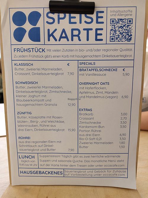 Food menu, overnight oats are labeled vegan, ask staff for vegan seasonal lunch options at Occa Café in Eichstaett
