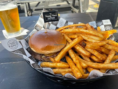 Vegan Smashburger with Fries at Happy Place Eatery in Ventura