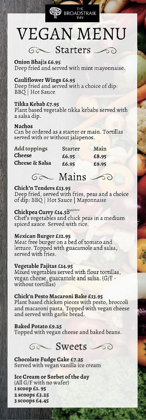 Vegan menu  at The Broadstraik Inn  in Westhill