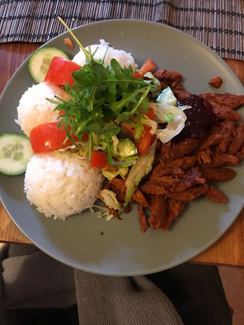 Soy steak with cranberry jam, rice and garden salad at Laibon in Cesky Krumlov