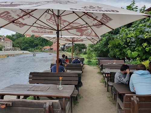Seating by the water at Laibon in Cesky Krumlov