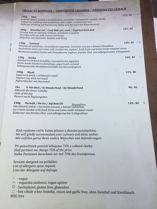 Symbols V= vegan, V plus = vegan option, G = gluten-free , O = onion free, garlic free at Laibon in Cesky Krumlov