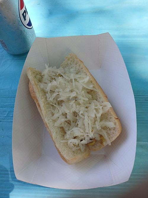 vegan dog with sauerkraut and brown mustard at Rock Dawgs in Cambridge