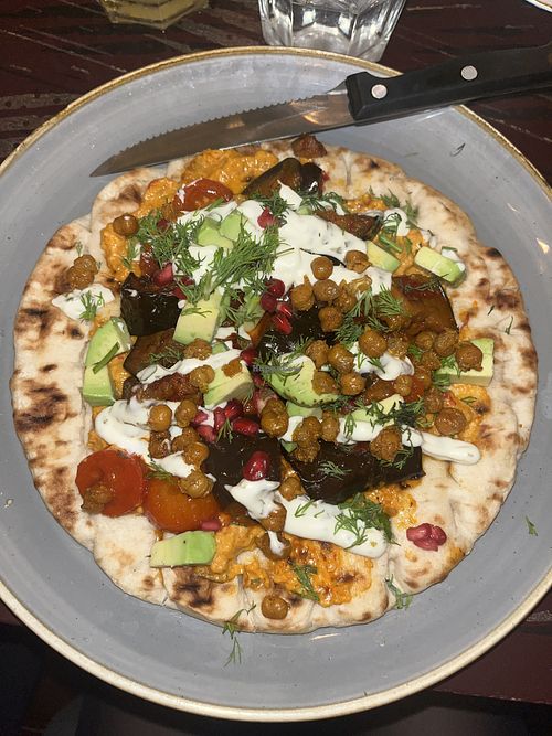 Moroccan aubergine flatbread  at Piazzo Lounge in Wimborne