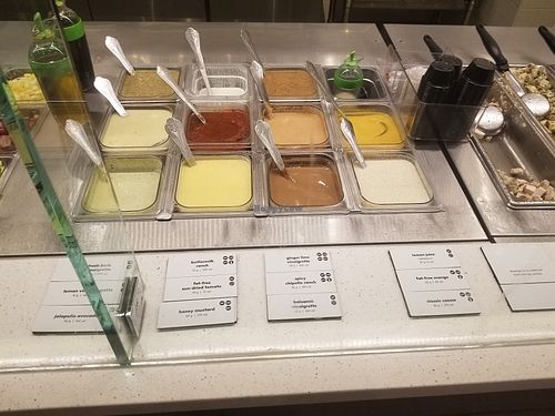 Sauces / dressings are clearly labeled vegan at Salata in Spring