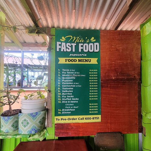 Menu at Mia's Fast Food in San Ignacio