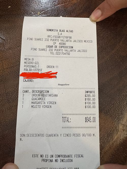 Receipt   at Tacos Sonorita Olas Atlas in Puerto Vallarta