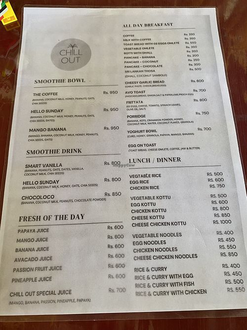 Menükarte  at Chill Out in Ahangama