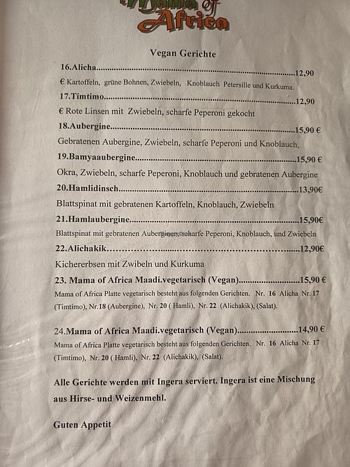 Vegane Gerichte Karte at Restaurant Mama of Africa in Giessen