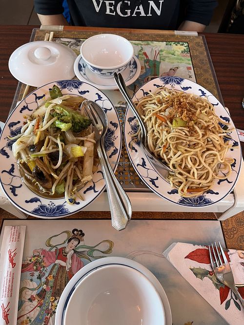 Chop Suey (links) und gebratene Nudeln (rechts). Bei der Bestellung "ohne Ei" angeben, da die Gerichte nicht als vegan gekennzeichnet sind.   at Sao Mai  in Bad Duerrheim