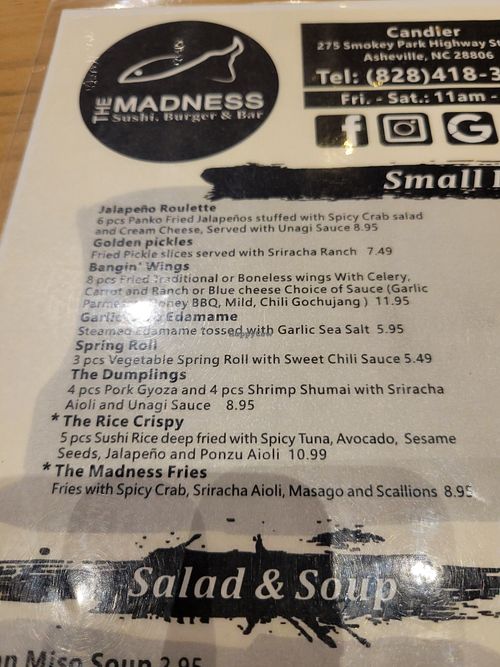 Golden pickles, plain fries and spring rolls are cooked in shared fryer but are vegan ingredients  as well as garlic edemame at The Madness in Asheville