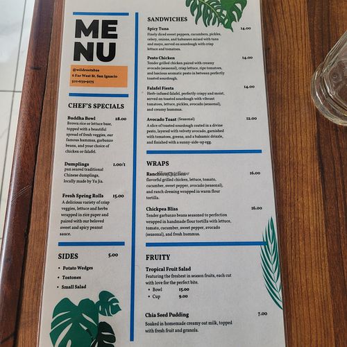 Food menu at Wild Roots in San Ignacio