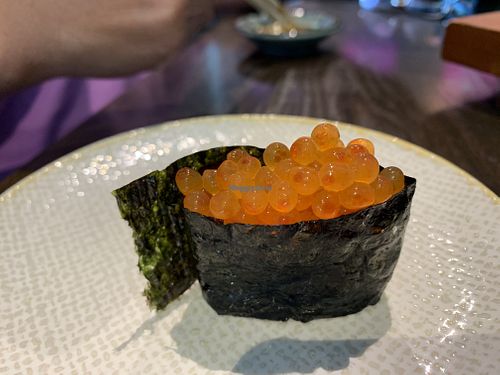 Vegan Ikura. One of our favorites. Ask for some salt to sprinkle on it as it needs more saltiness.  at Blue Sushi Sake Grill in Fort Worth