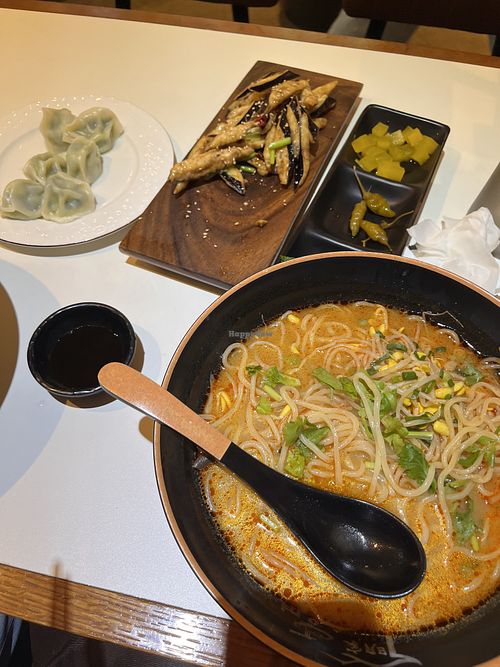 Dumplings, mala noodles and eggplant dish mmmmmm!  at Myeongga Uyukmyeon - 명가 우육면 선릉점 in Seoul