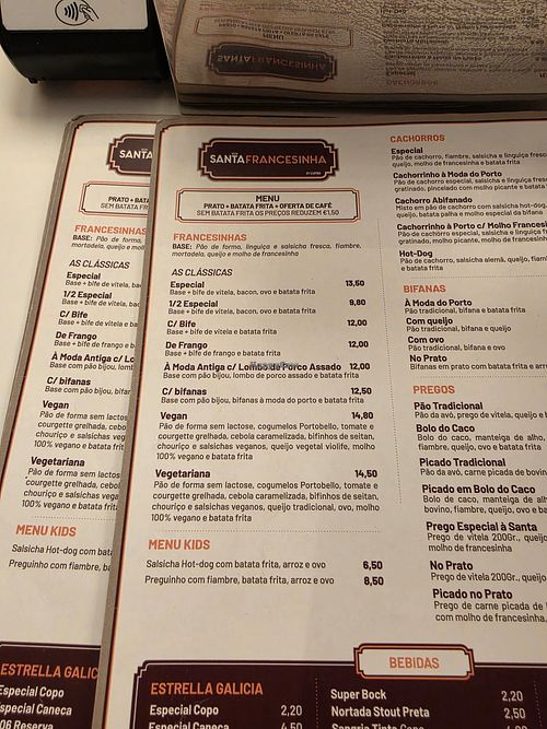 Menu at Santa Francesinha  in Lisbon