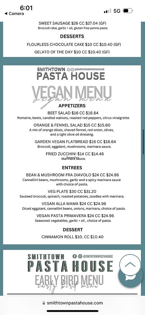 Vegan menu  at Smithtown Pasta House in Smithtown
