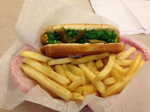 Windy City Red Hots Leesburg VA USA Vegan Dog with fixings and fries. at Windy City Red Hots in Leesburg