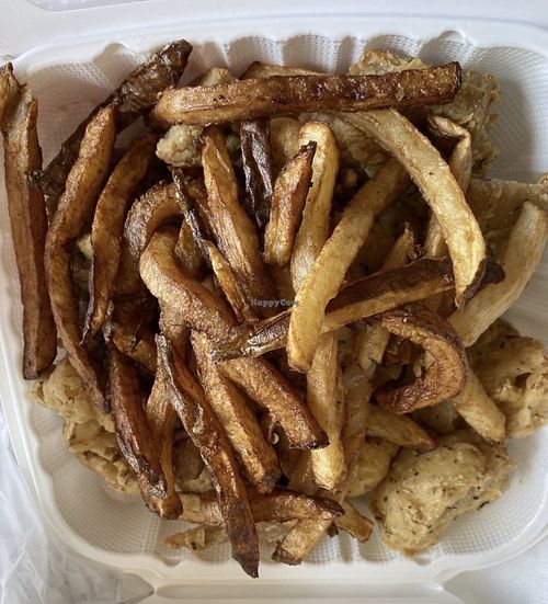 Combo sampler: fries, battered steak, battered cauliflower   at Soul Veg City in Chicago