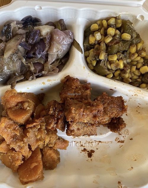 Purple cabbage, fried corn, bbq tidbits, yams. Delicious !  at Soul Veg City in Chicago