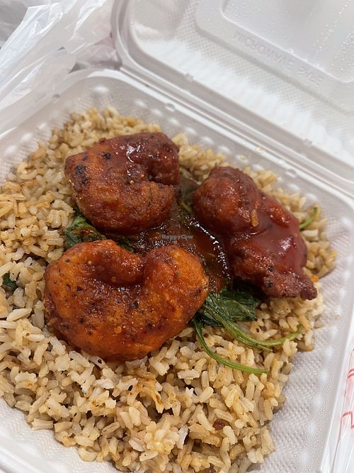 Cajun Shrimp & Rice with spinach  #Veganuary at Soul Veg City in Chicago