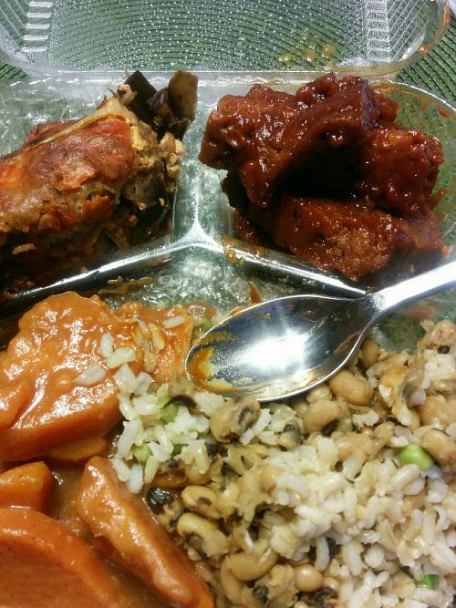 My lunch from hot deli - eggplant parmesan, BarBQ seitan, black eyed peas and brown rice, sweet potatoes. at Soul Veg City in Chicago