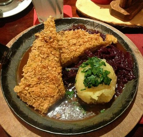I had this awesome vegan steak with potato dumplings and apple-red cabbage!  at Bodhi in Munich