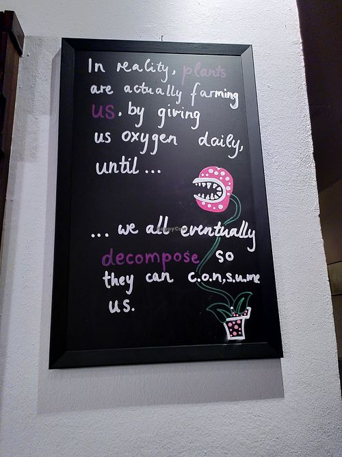 Another chalkboard today: "In reality, plants are actually farming us, by giving us oxygen daily, until we all eventually decompose so they can consume us." at Bodhi in Munich
