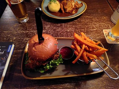 The schnitzel burger (with double schnitzel) and sweet potato fries at Bodhi in Munich