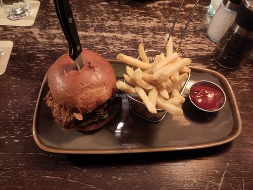 Crispy schnitzel burger with fries #Veganuary at Bodhi in Munich