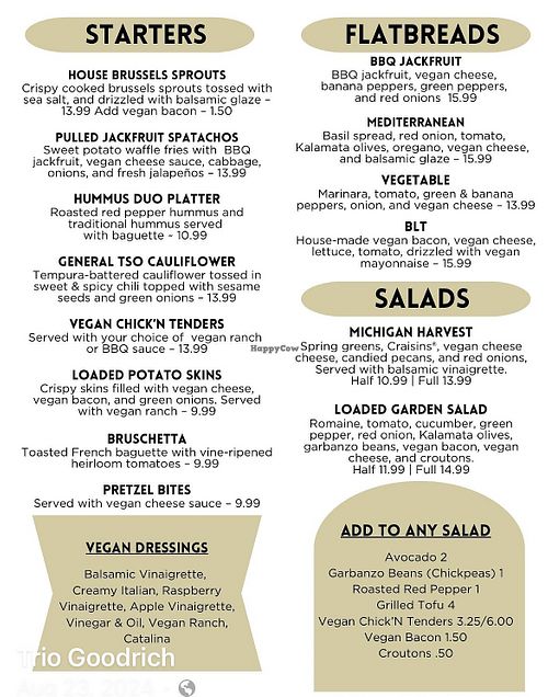 Vegan menu  at TRIO in Goodrich