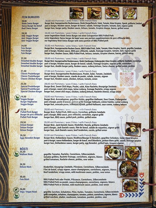 One page of the menu (there is more). at Fein Restaurant in Leukerbad
