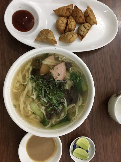 Roast dumplings (I believe they’re baked? Not oily and a bit dry) and the noodle soup.  at Maitreya Healthy Vegetarian Restaurant in Phnom Penh
