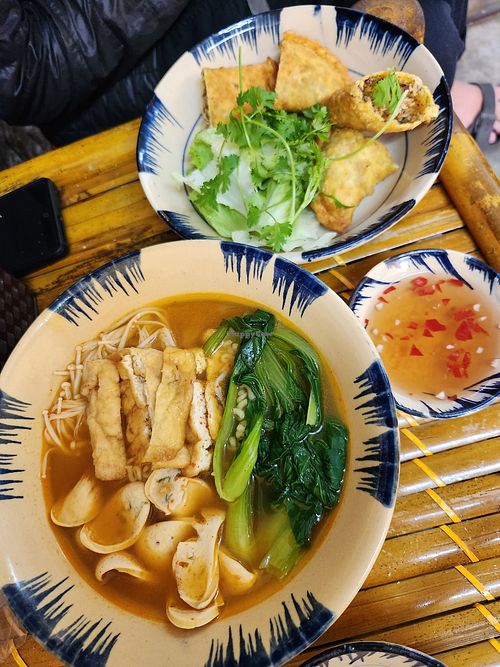 The spicy noodles and dumplings at Chay Hy Di in Hanoi