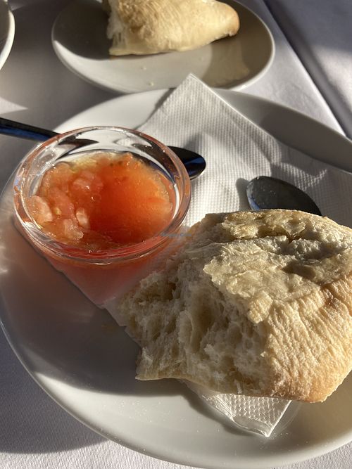 Bread with tomato-oil dip  at Aral in Valencia