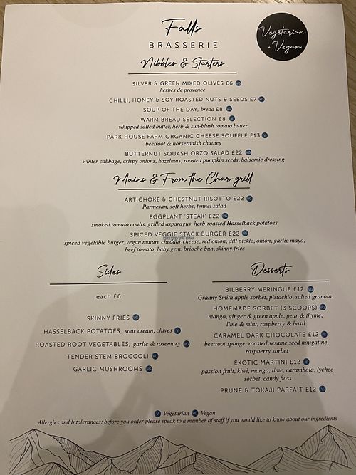 Full separate vegan menu   at Falls Brasserie in Keswick