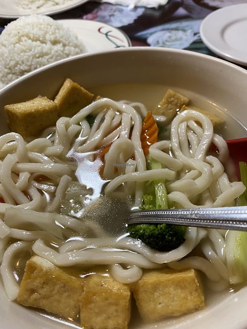 Udon with veggies in a clear broth (added tofu)  at Suvi Thai and Sushi in Homestead