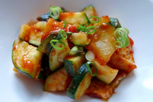 'Spicy Monk' - zucchini with tofu in a spicy tomato sauce (vegan) at Umami in Maastricht