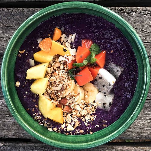 One of our breakfast options: Bowl with oats, jaraguao, fruits and granola.  at Finca San Pedro in Barichara