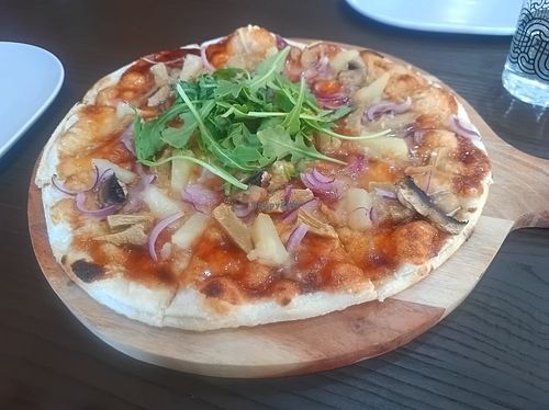 BBQ chicken and pineapple pizza $20.99 at Pizzeria House Of Vegetarians in Cloverdale