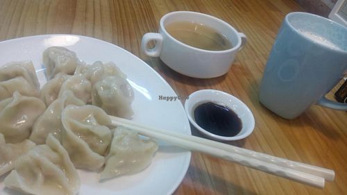 my first dumplings, they came with soup & sesame oil-soy sauce, really nice! at Yummy Vegan House in Taipei