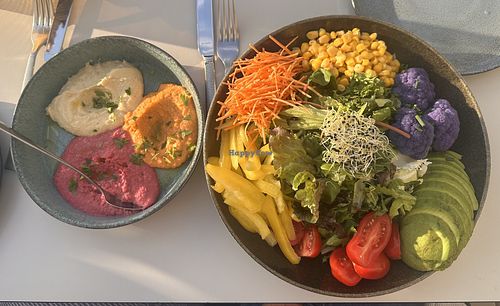 Hummus trio and Buddha bowl (but without sesame dressing as this contains honey)  at Das Martinus in Weingarten